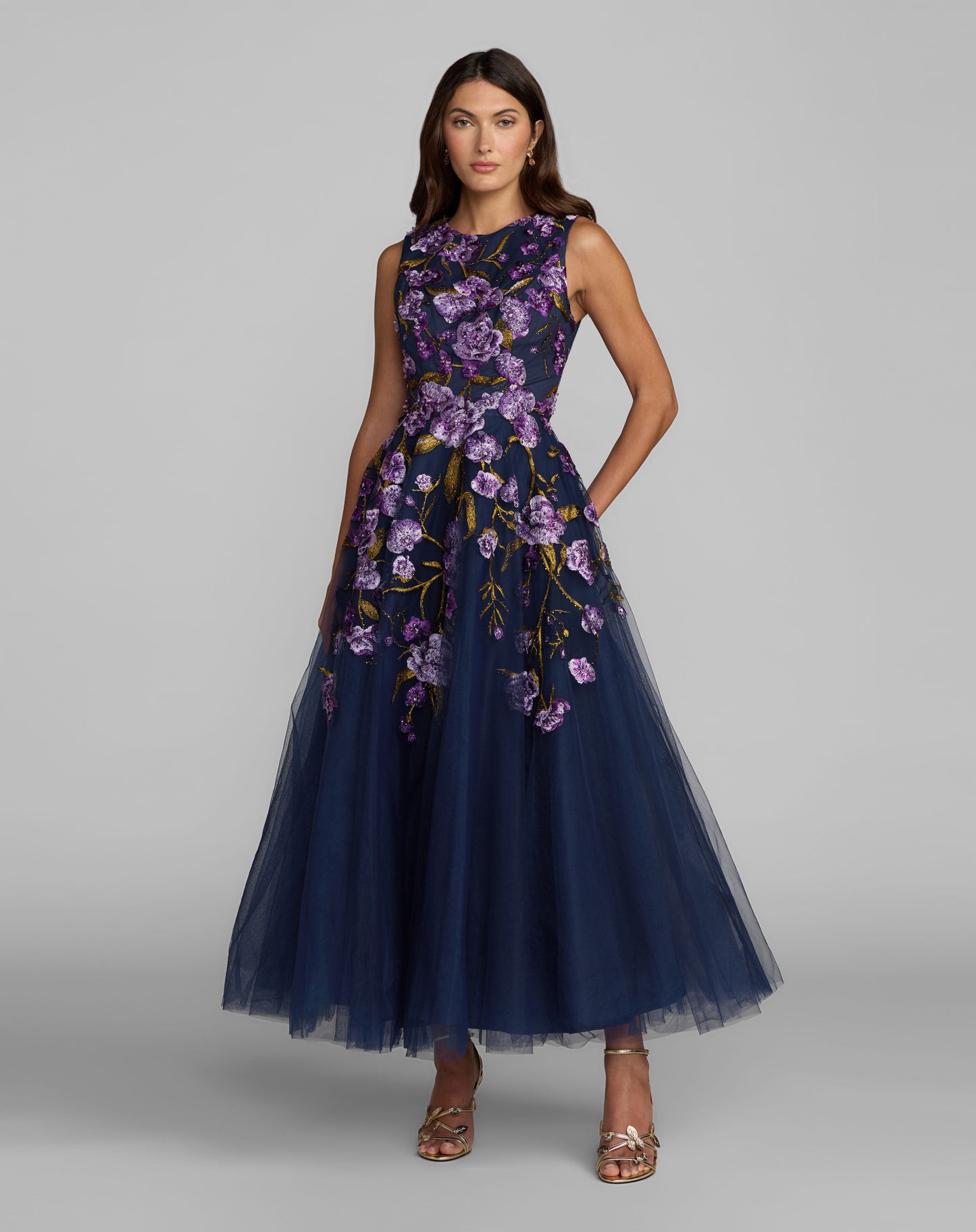 Mac Duggal Brocade Sleeveless Square Neck Midi Dress - Blue Multi