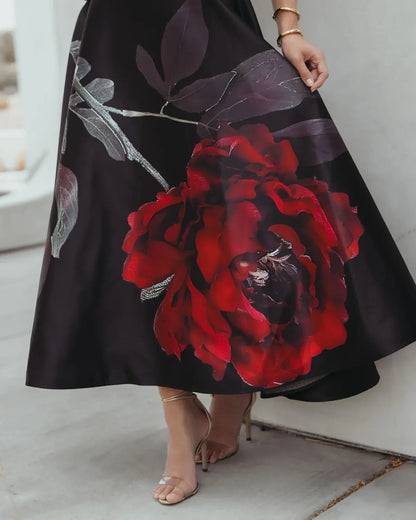 Mac Duggal Crepe Printed Strapless Midi Dress With Pockets - Black Rose