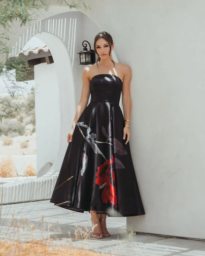 Mac Duggal Crepe Printed Strapless Midi Dress With Pockets - Black Rose