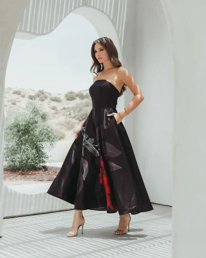 Mac Duggal Crepe Printed Strapless Midi Dress With Pockets - Black Rose