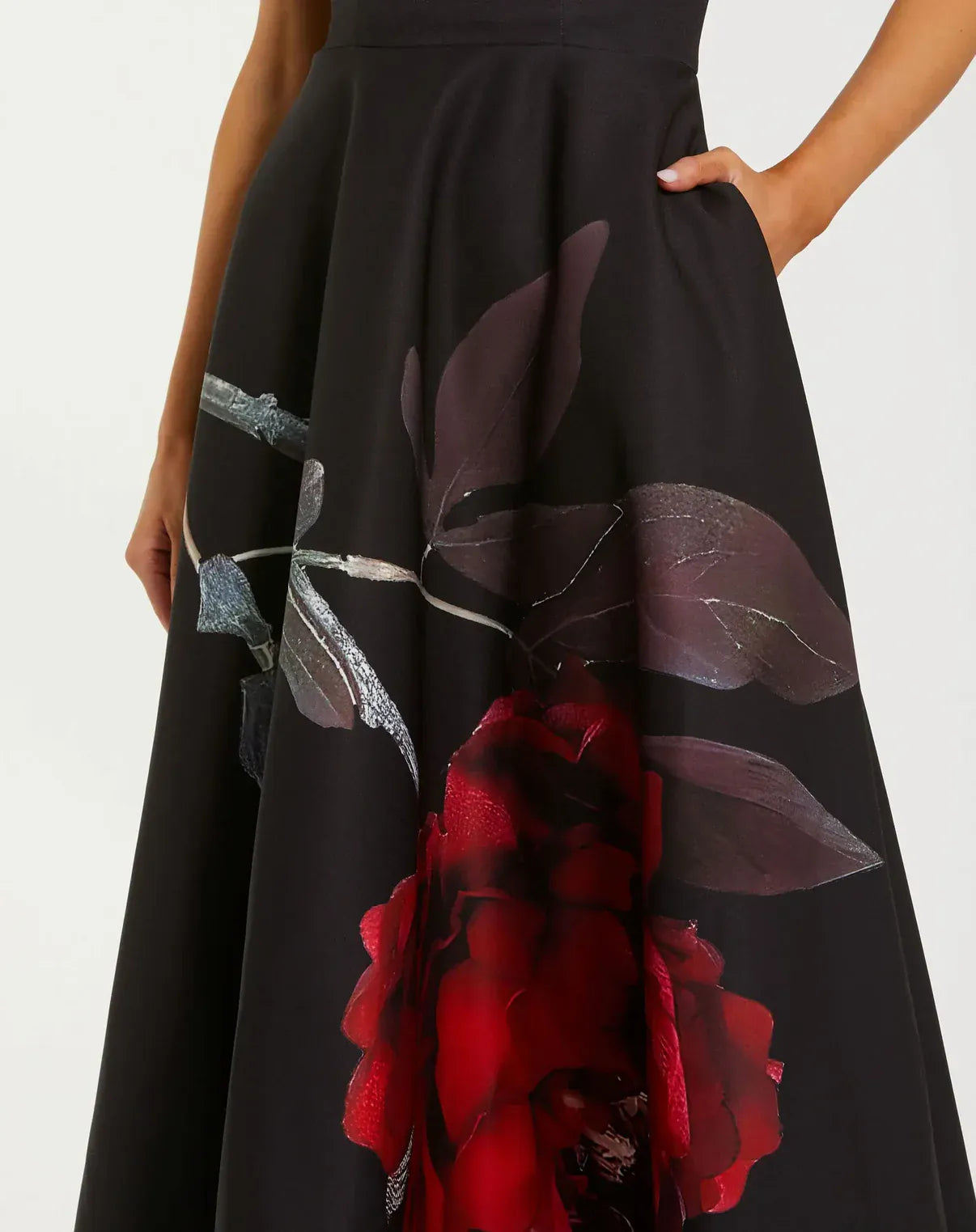 Mac Duggal Crepe Printed Strapless Midi Dress With Pockets - Black Rose