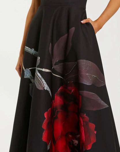 Mac Duggal Crepe Printed Strapless Midi Dress With Pockets - Black Rose