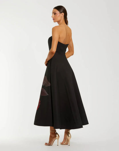 Mac Duggal Crepe Printed Strapless Midi Dress With Pockets - Black Rose