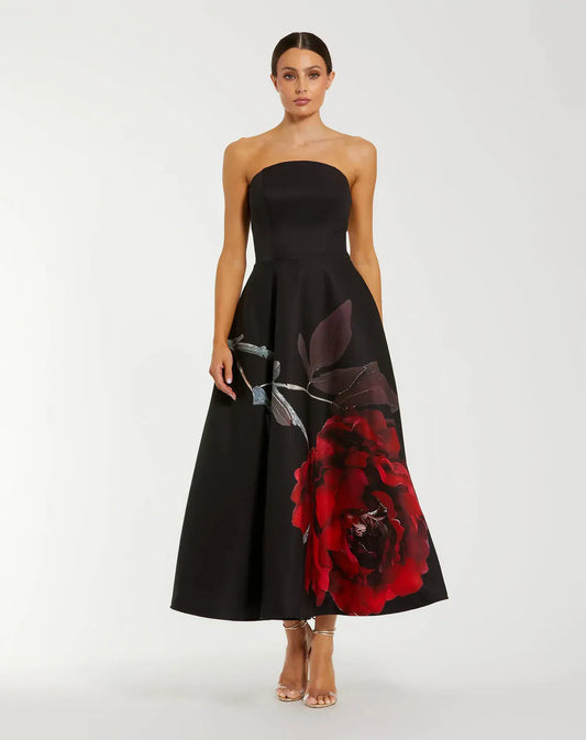 Mac Duggal Crepe Printed Strapless Midi Dress With Pockets - Black Rose