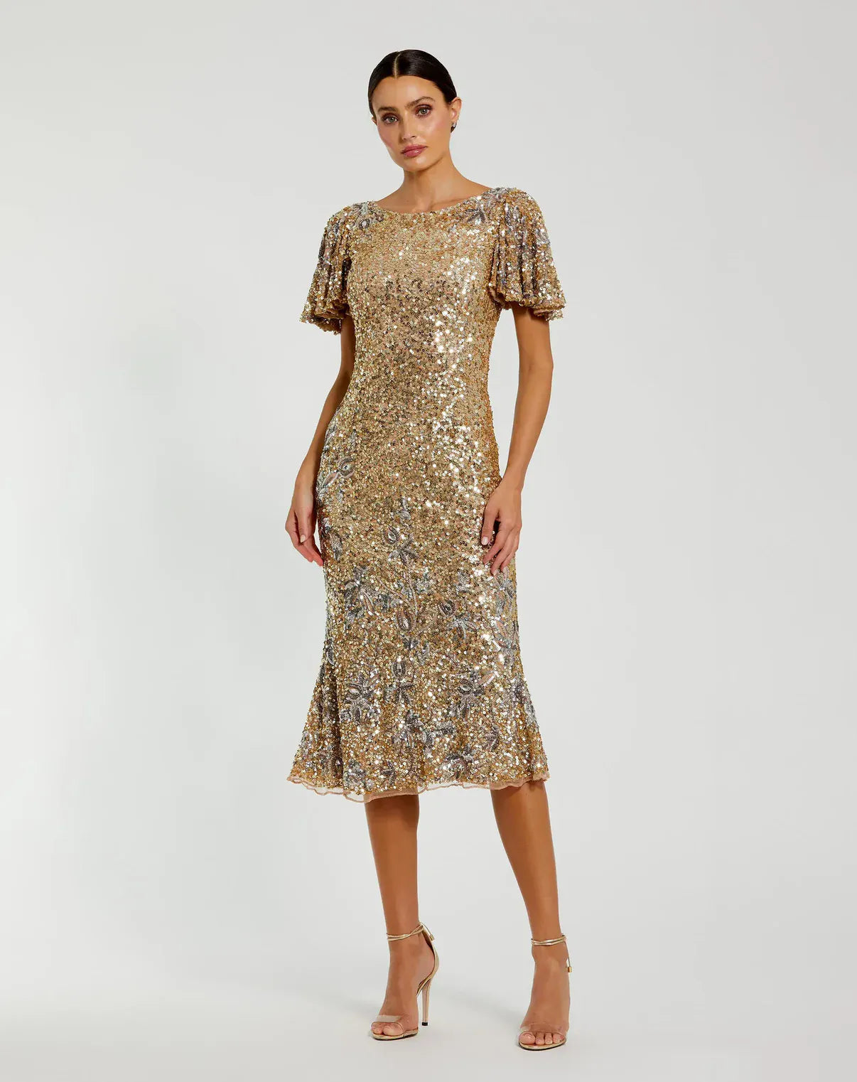 Mac Duggal Gold Flutter Sleeve Embellished Sequin Midi Dress