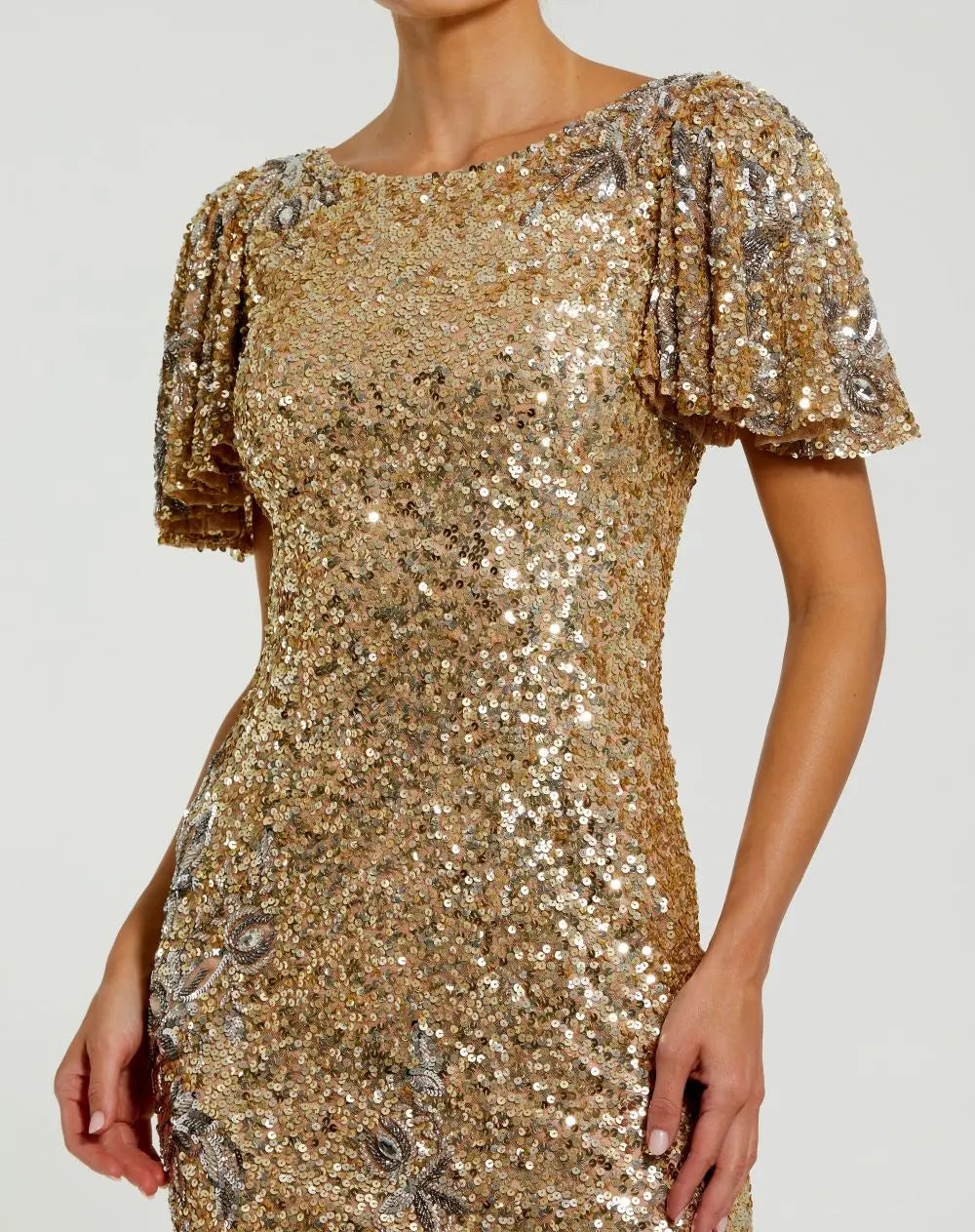 Mac Duggal Gold Flutter Sleeve Embellished Sequin Midi Dress