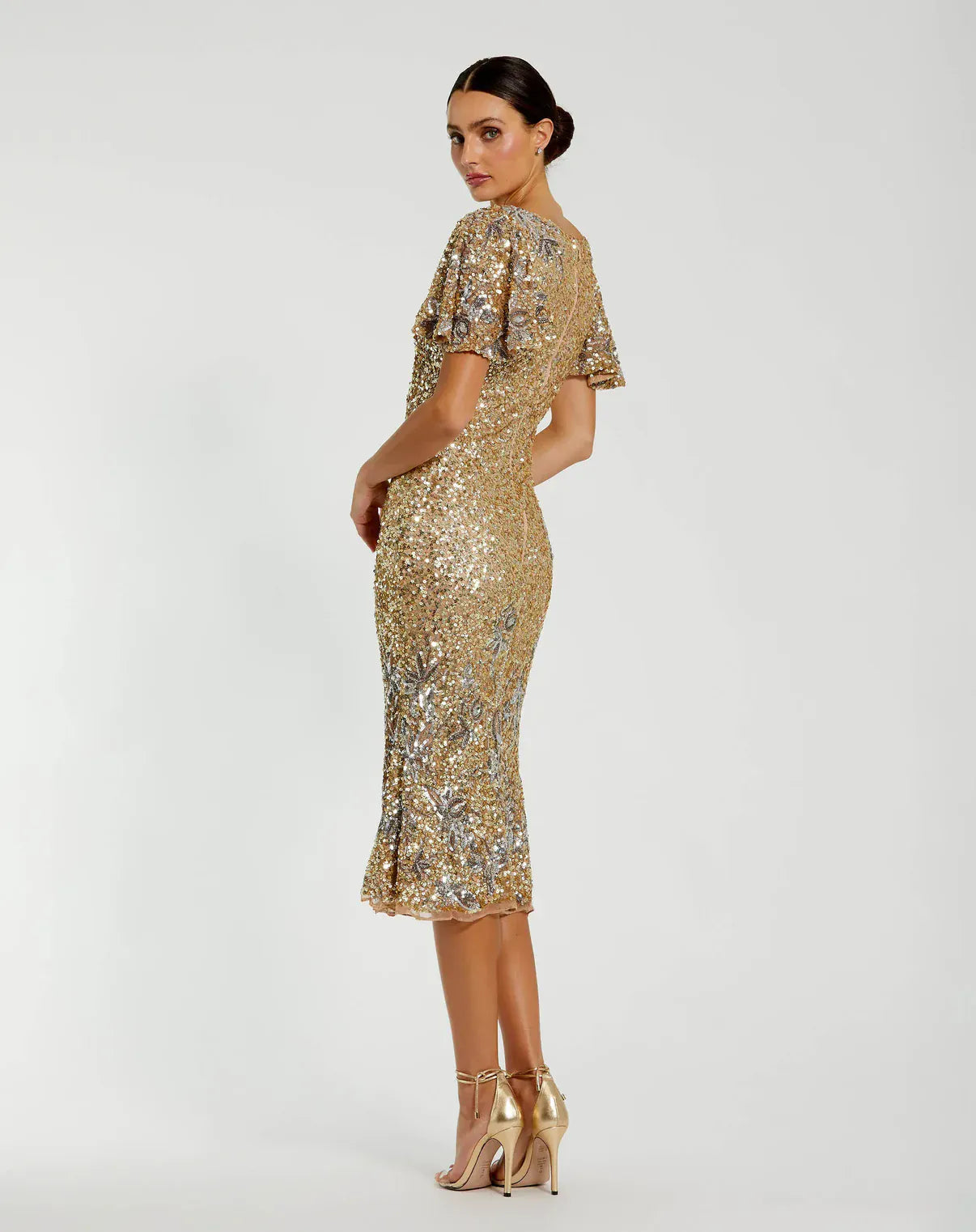 Mac Duggal Gold Flutter Sleeve Embellished Sequin Midi Dress