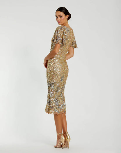 Mac Duggal Gold Flutter Sleeve Embellished Sequin Midi Dress