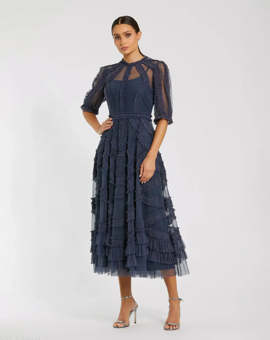 Mac Duggal Navy High Neck Ruffle Tiered A-Line Midi Dress