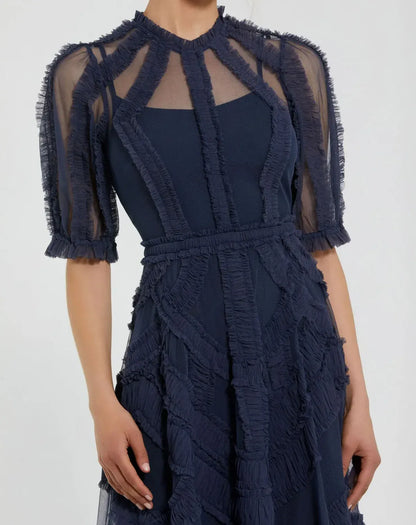 Mac Duggal Navy High Neck Ruffle Tiered A-Line Midi Dress