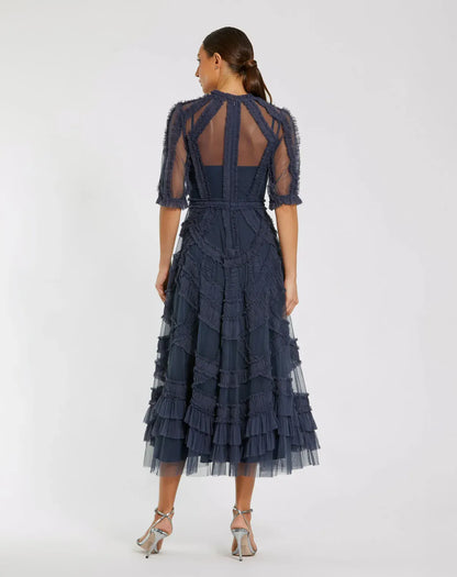 Mac Duggal Navy High Neck Ruffle Tiered A-Line Midi Dress