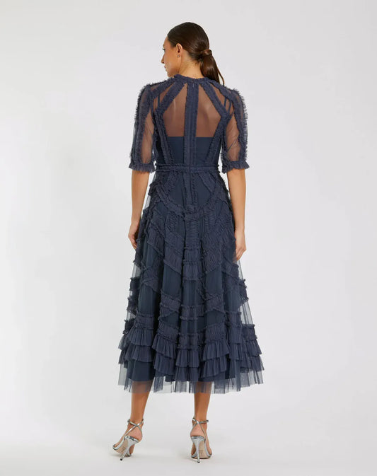 Mac Duggal Navy High Neck Ruffle Tiered A-Line Midi Dress