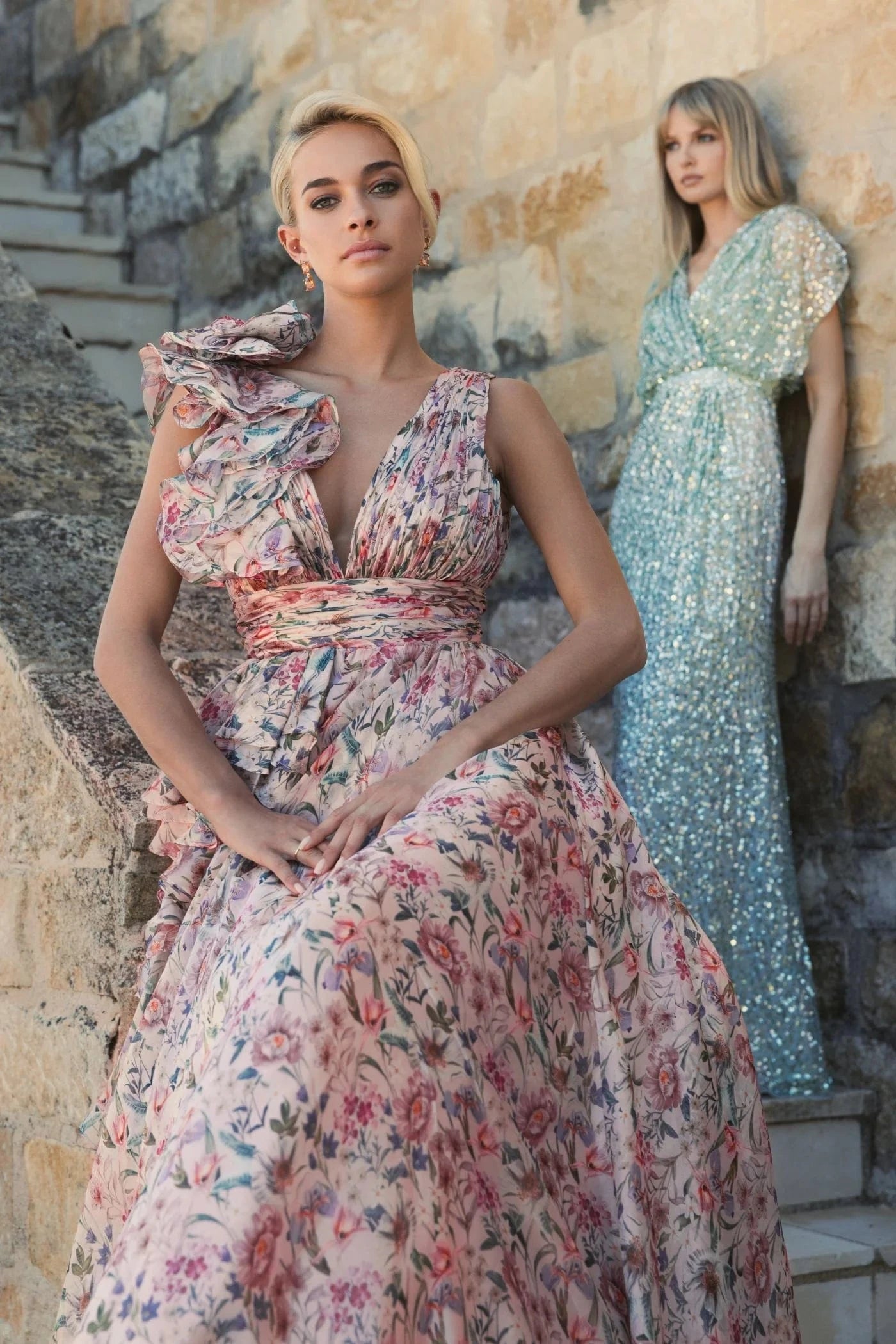 Pink Ruffle Shoulder V-Neck Printed Chiffon Gown - Pinkhill -  - [] - Darwin boutique - Australian fashion design - Darwin Fashion - Australian Fashion Designer - Australian Fashion Designer Brands - Australian Fashion Design 