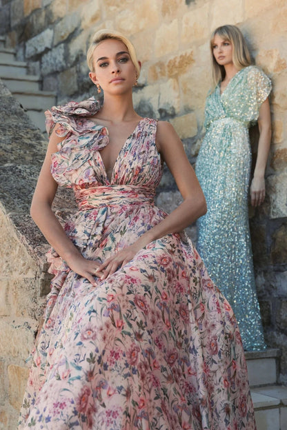 Pink Ruffle Shoulder V-Neck Printed Chiffon Gown - Pinkhill -  - [] - Darwin boutique - Australian fashion design - Darwin Fashion - Australian Fashion Designer - Australian Fashion Designer Brands - Australian Fashion Design 