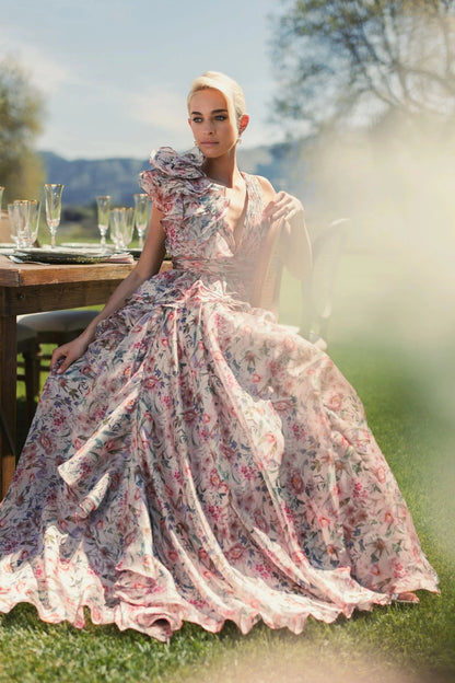 Pink Ruffle Shoulder V-Neck Printed Chiffon Gown - Pinkhill -  - [] - Darwin boutique - Australian fashion design - Darwin Fashion - Australian Fashion Designer - Australian Fashion Designer Brands - Australian Fashion Design 