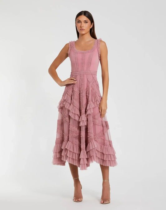 Mac Duggal Pink Scoop Neck Sleeveless Micro Ruffle Midi Dress - Pinkhill