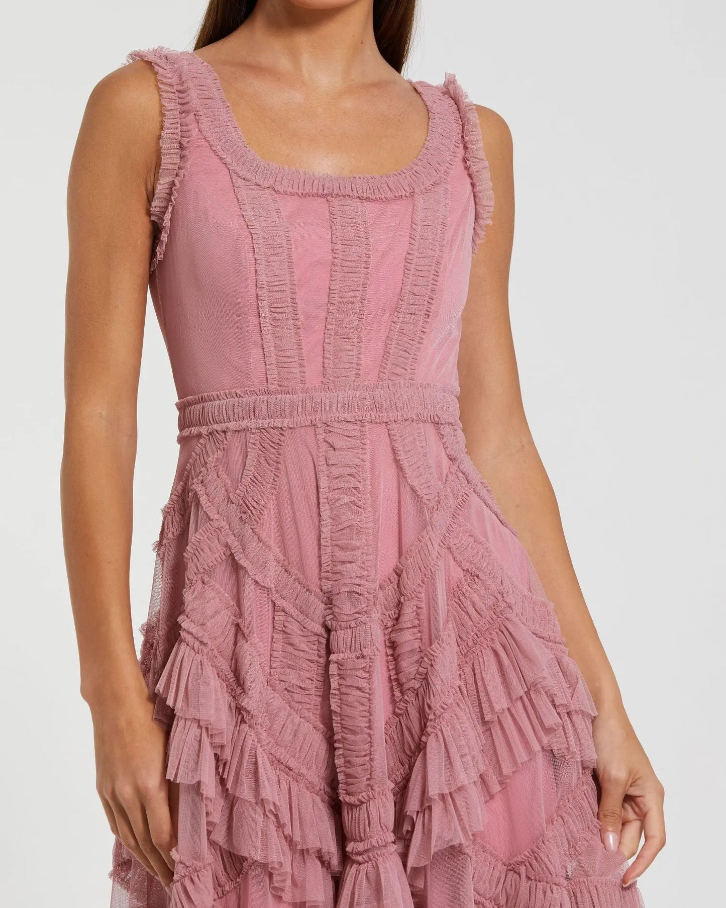 Mac Duggal Pink Scoop Neck Sleeveless Micro Ruffle Midi Dress