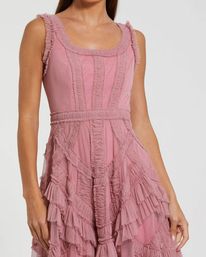 Mac Duggal Pink Scoop Neck Sleeveless Micro Ruffle Midi Dress