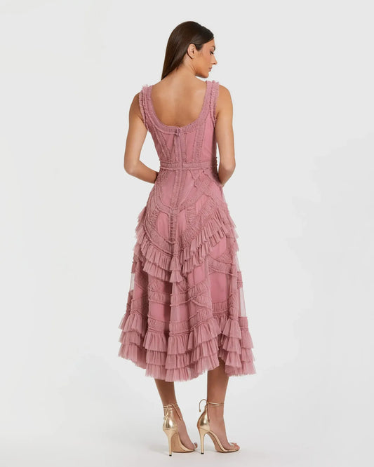 Mac Duggal Pink Scoop Neck Sleeveless Micro Ruffle Midi Dress - Pinkhill
