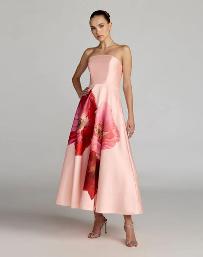 Mac Duggal Pink Strapless A Line Midi Dress With Flower Print