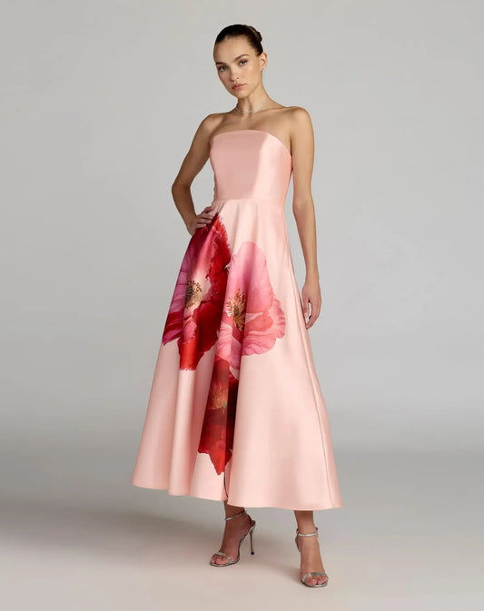 Mac Duggal Pink Strapless A Line Midi Dress With Flower Print - Pinkhill