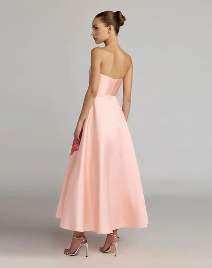 Mac Duggal Pink Strapless A Line Midi Dress With Flower Print