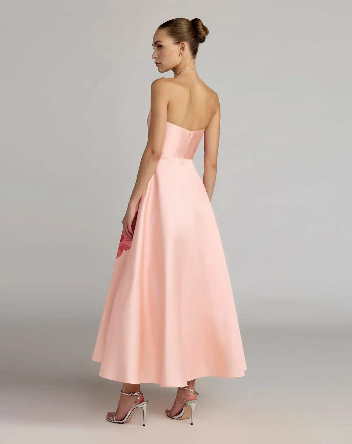 Mac Duggal Pink Strapless A Line Midi Dress With Flower Print