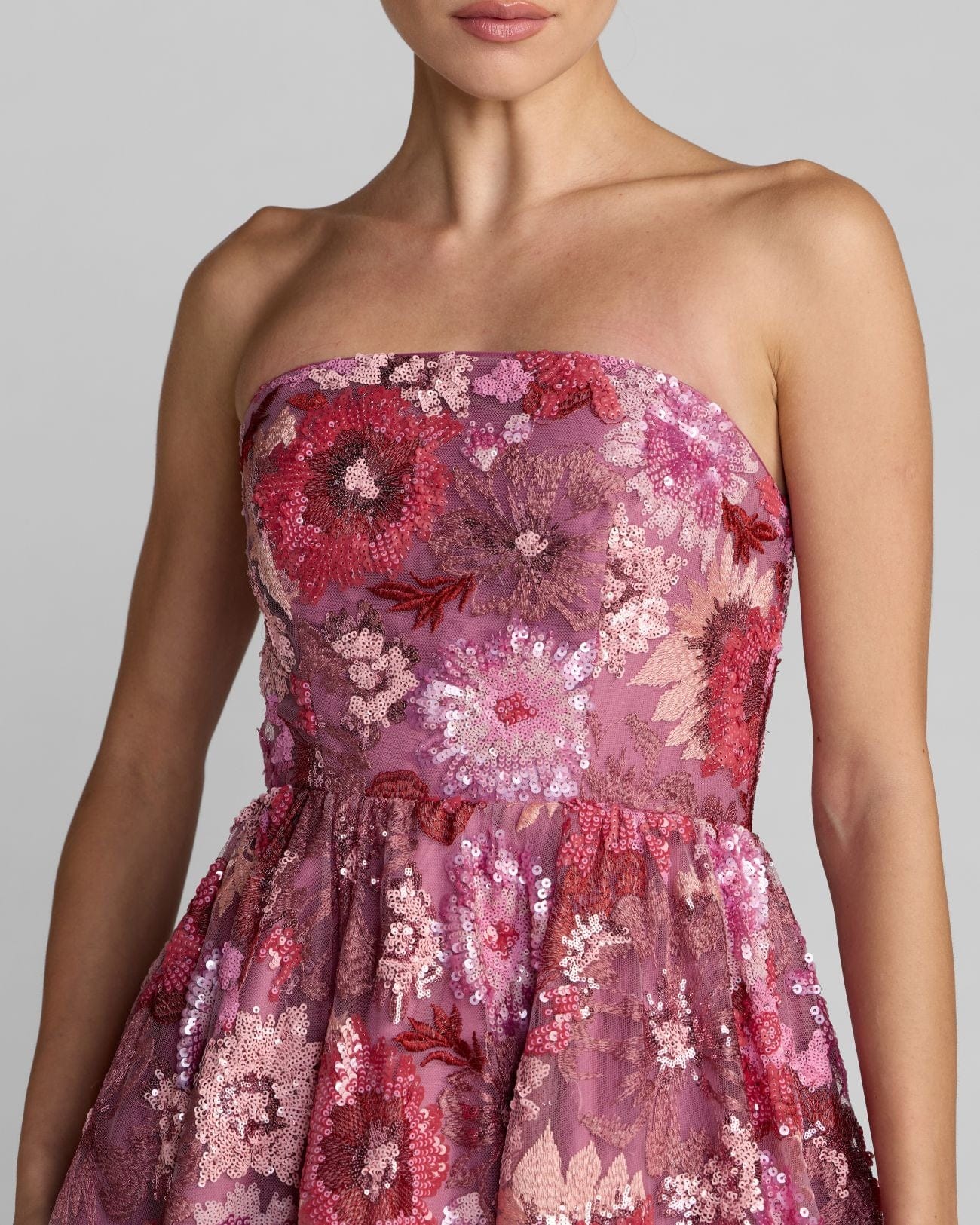 Mac Duggal Purple Floral Sequin Strapless Midi Dress