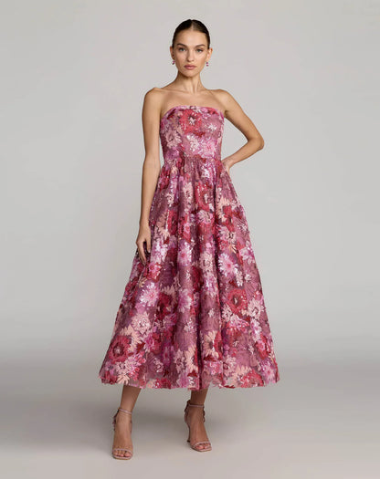 Mac Duggal Purple Floral Sequin Strapless Midi Dress