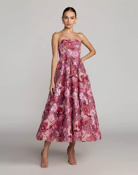 Mac Duggal Purple Floral Sequin Strapless Midi Dress - Pinkhill