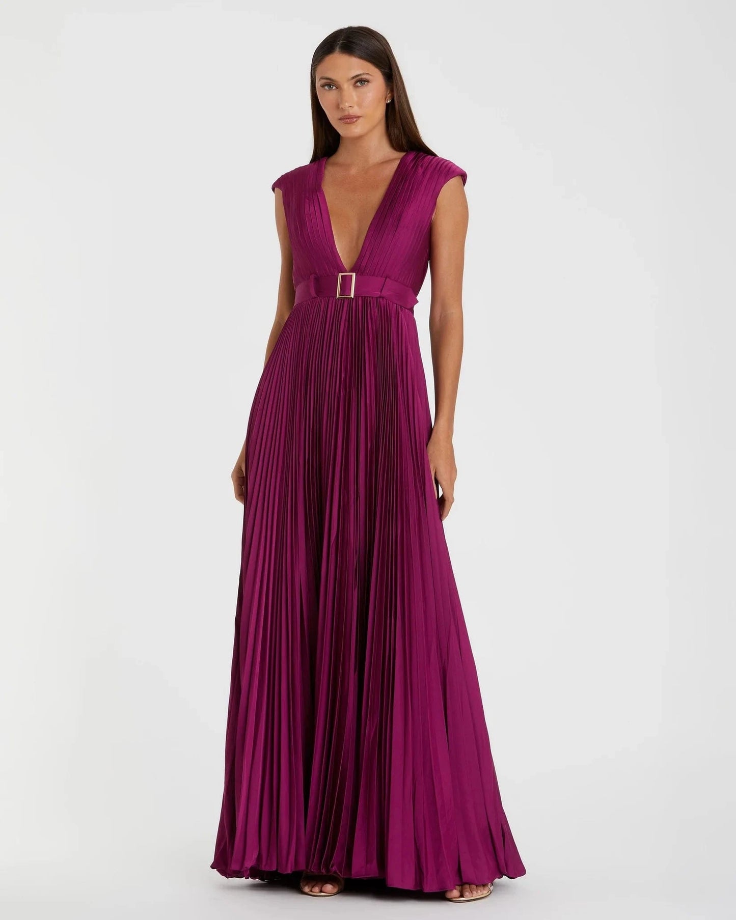 Mac Duggal Purple Pleated Plunge Neck Belted A Line Gown - Pinkhill -  - [] - Darwin boutique - Australian fashion design - Darwin Fashion - Australian Fashion Designer - Australian Fashion Designer Brands - Australian Fashion Design 