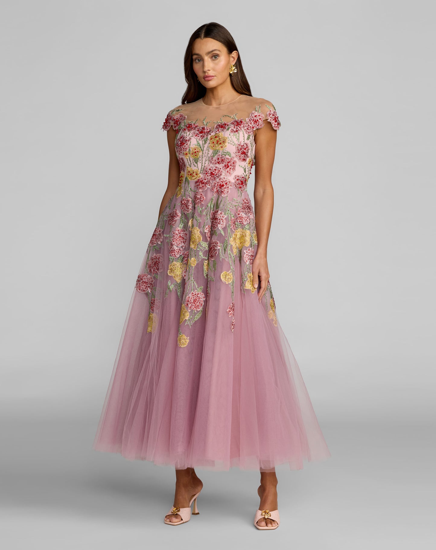 Mac Duggal Sequin Mesh Strapless Midi Dress With Pockets - Pink Multi