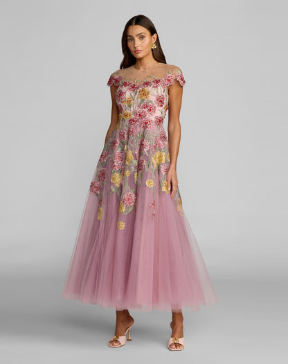 Mac Duggal Sequin Mesh Strapless Midi Dress With Pockets - Pink Multi