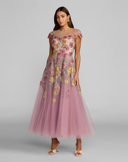 Mac Duggal Sequin Mesh Strapless Midi Dress With Pockets - Pink Multi