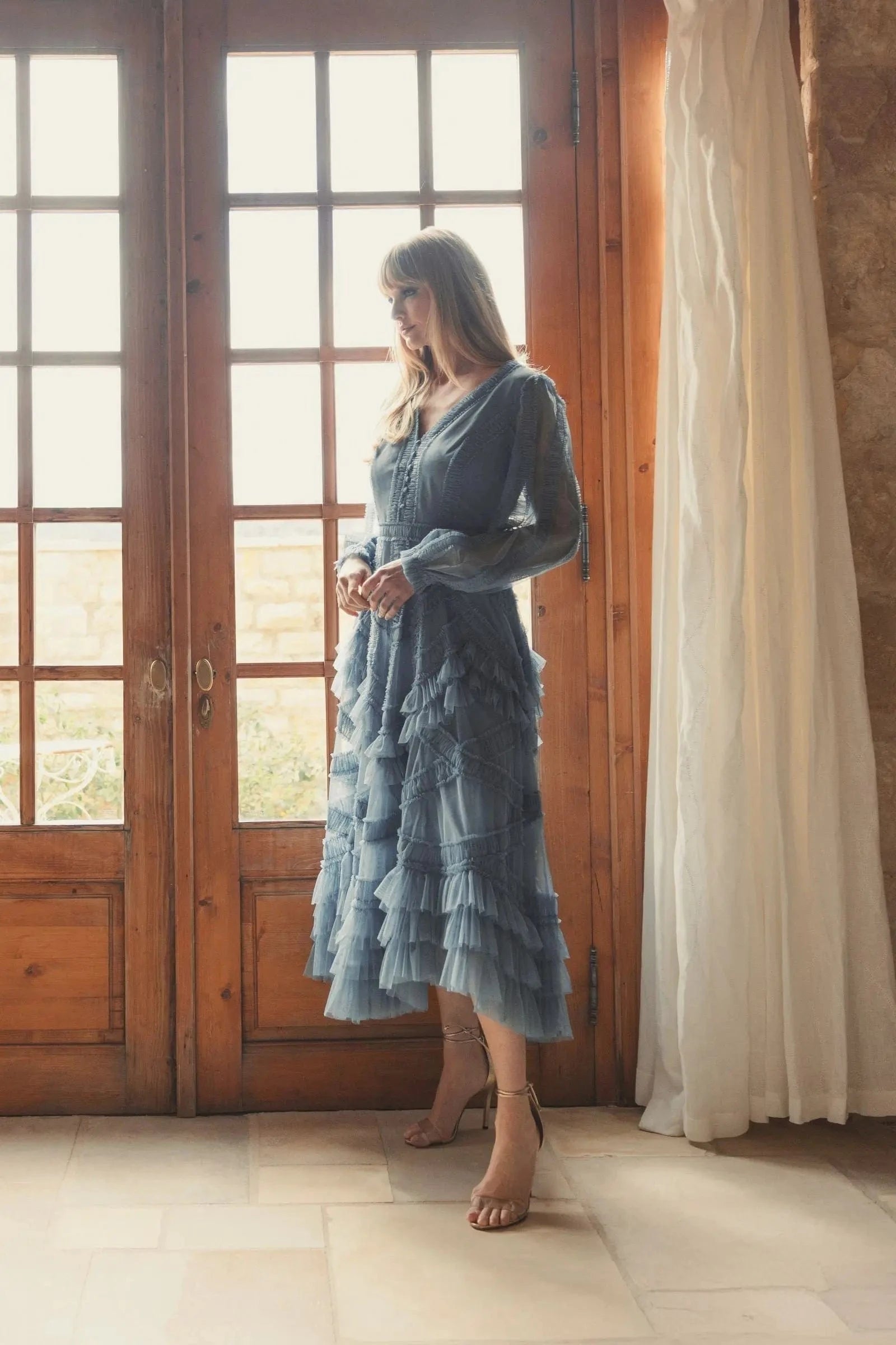 Mac Duggal V-Neck Ruffle Midi Dress - Blue - Pinkhill -  - [] - Darwin boutique - Australian fashion design - Darwin Fashion - Australian Fashion Designer - Australian Fashion Designer Brands - Australian Fashion Design 