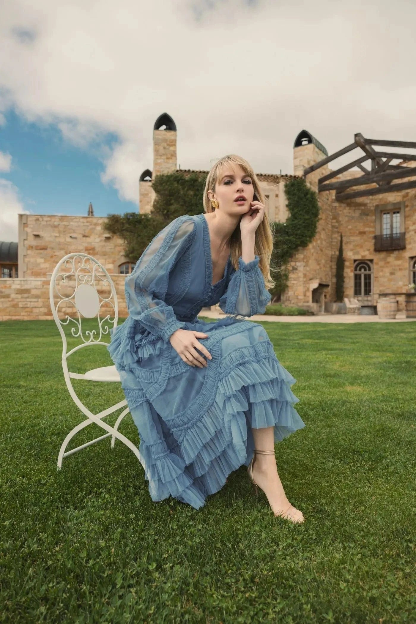 Mac Duggal V-Neck Ruffle Midi Dress - Blue - Pinkhill -  - [] - Darwin boutique - Australian fashion design - Darwin Fashion - Australian Fashion Designer - Australian Fashion Designer Brands - Australian Fashion Design 