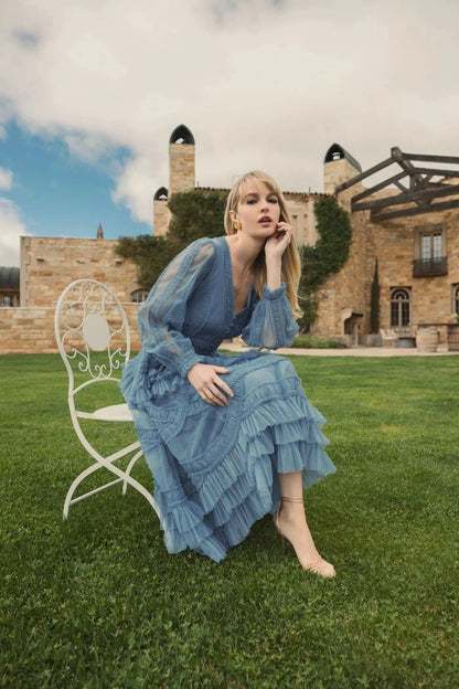 Mac Duggal V-Neck Ruffle Midi Dress - Blue - Pinkhill -  - [] - Darwin boutique - Australian fashion design - Darwin Fashion - Australian Fashion Designer - Australian Fashion Designer Brands - Australian Fashion Design 