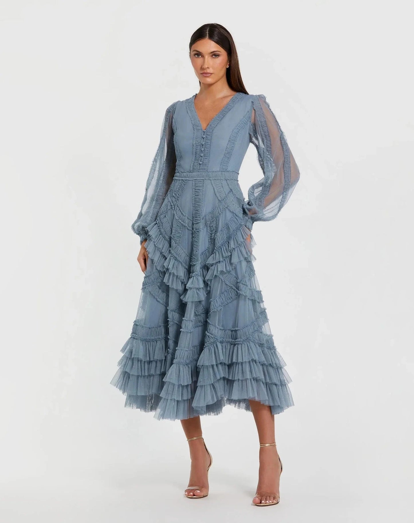 Mac Duggal V-Neck Ruffle Midi Dress - Blue - Pinkhill -  - [] - Darwin boutique - Australian fashion design - Darwin Fashion - Australian Fashion Designer - Australian Fashion Designer Brands - Australian Fashion Design 