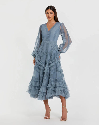 Mac Duggal V-Neck Ruffle Midi Dress - Blue - Pinkhill -  - [] - Darwin boutique - Australian fashion design - Darwin Fashion - Australian Fashion Designer - Australian Fashion Designer Brands - Australian Fashion Design 