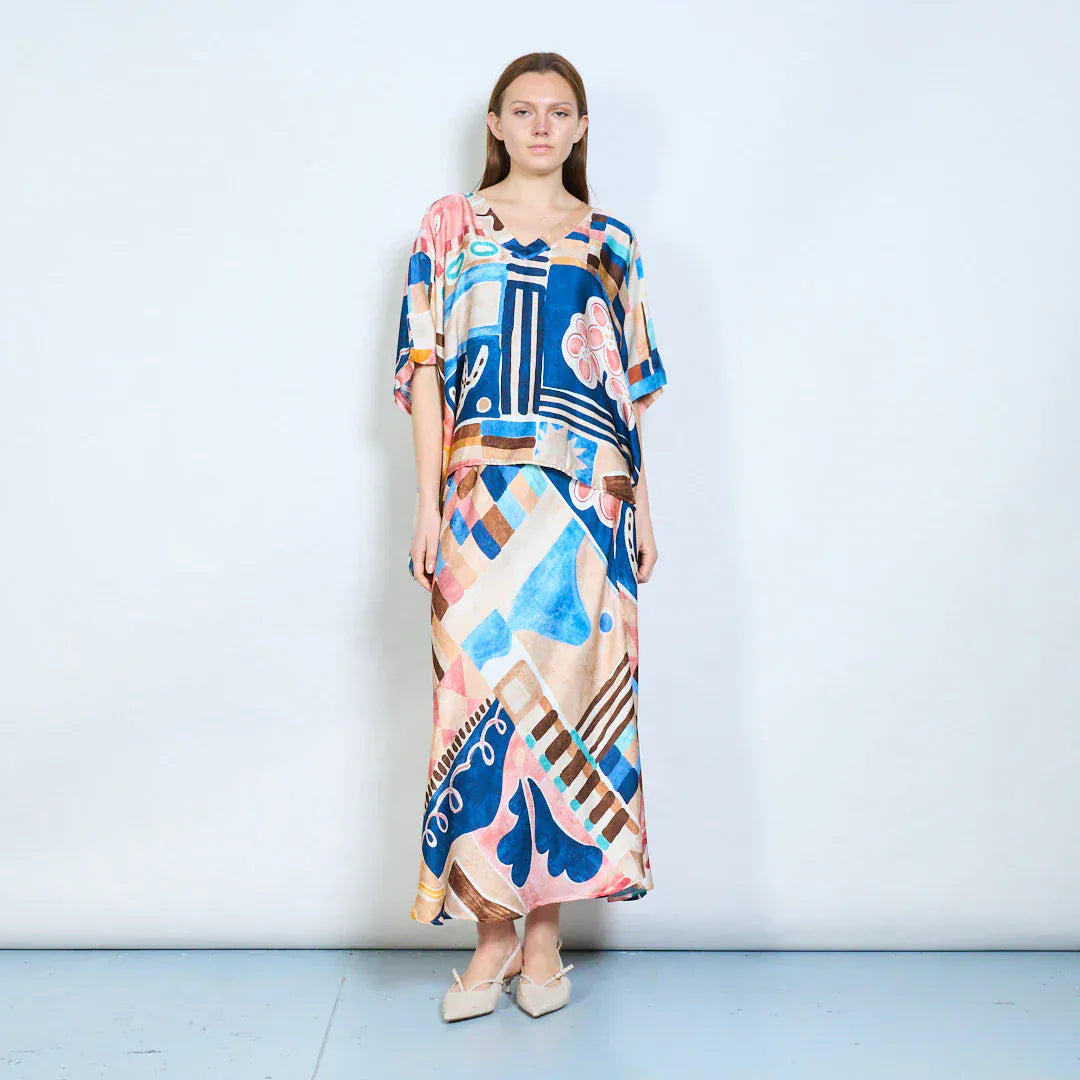 Abstract graphic flow elastic waist midi skirt wholesale - DARKBLUE - Pinkhill