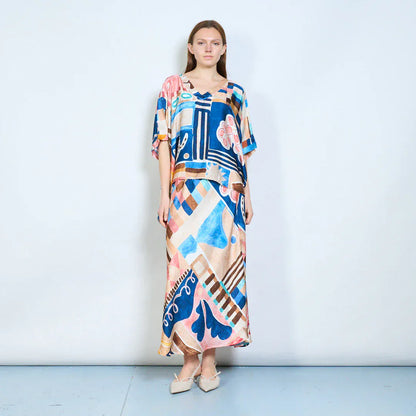 Abstract graphic flow elastic waist midi skirt wholesale - DARKBLUE - Pinkhill