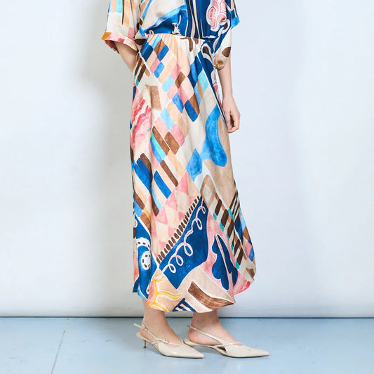 Abstract graphic flow elastic waist midi skirt wholesale - DARKBLUE - Pinkhill