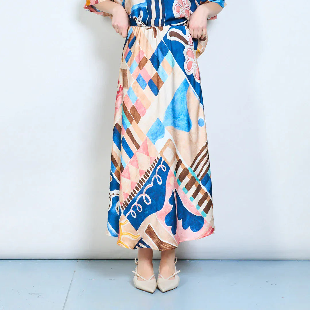 Abstract graphic flow elastic waist midi skirt wholesale - DARKBLUE - Pinkhill