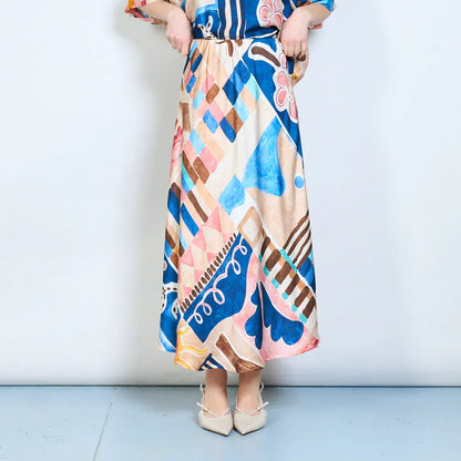 Abstract graphic flow elastic waist midi skirt wholesale - DARKBLUE - Pinkhill