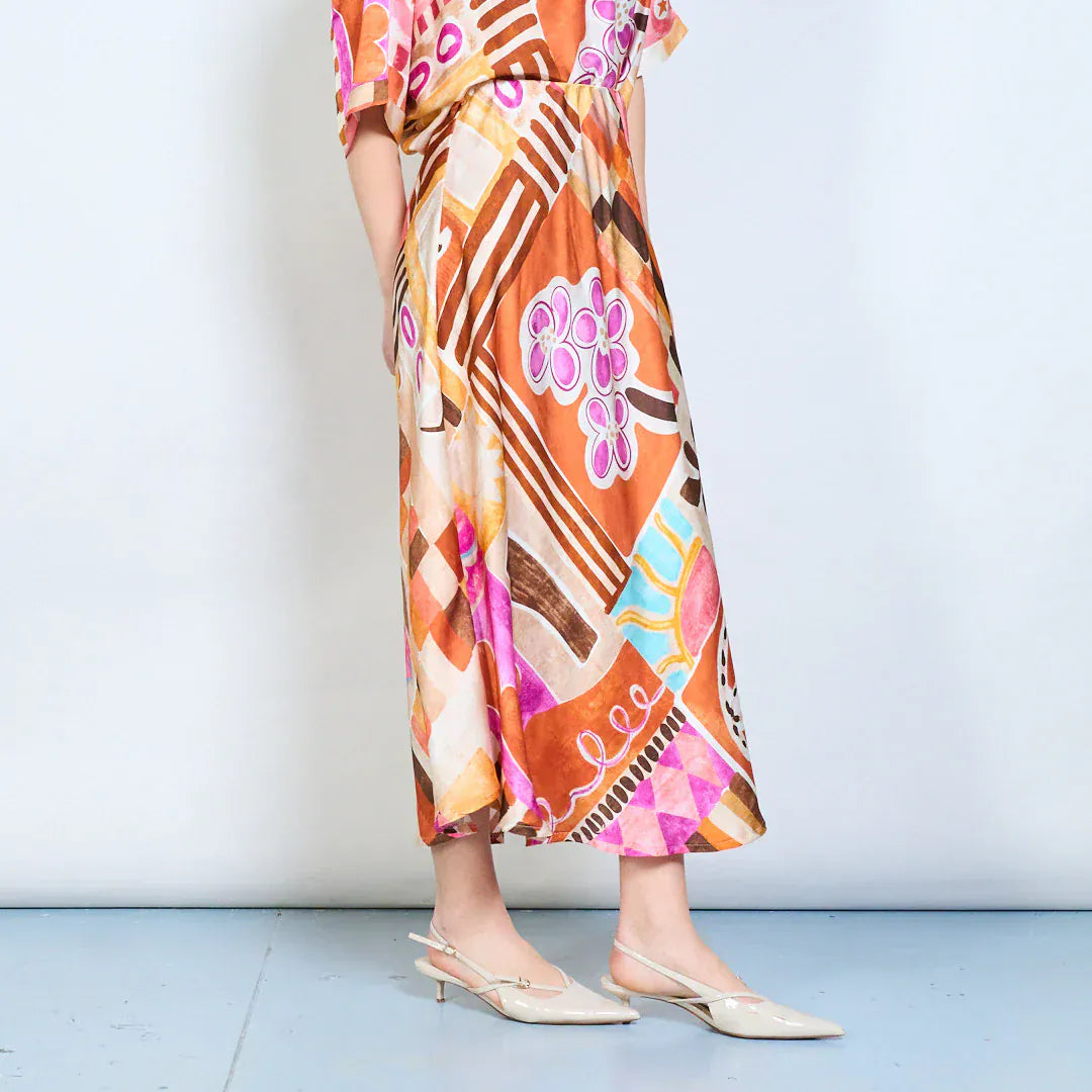 Abstract graphic flow elastic waist midi skirt wholesale - ORANGE - Pinkhill