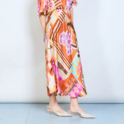 Abstract graphic flow elastic waist midi skirt wholesale - ORANGE - Pinkhill