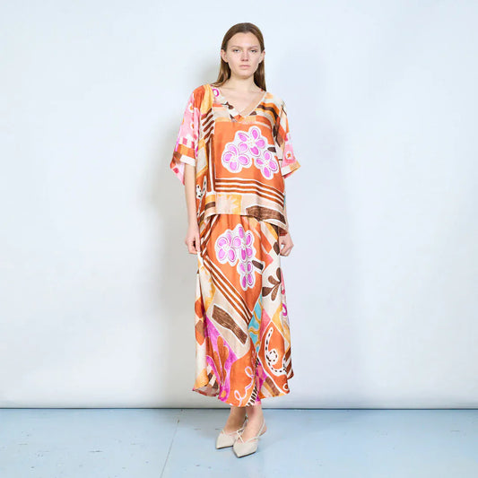 Abstract graphic flow elastic waist midi skirt wholesale - ORANGE - Pinkhill