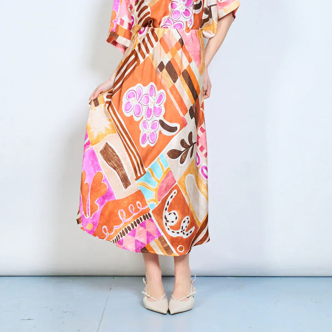 Abstract graphic flow elastic waist midi skirt wholesale - ORANGE - Pinkhill