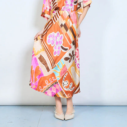 Abstract graphic flow elastic waist midi skirt wholesale - ORANGE - Pinkhill