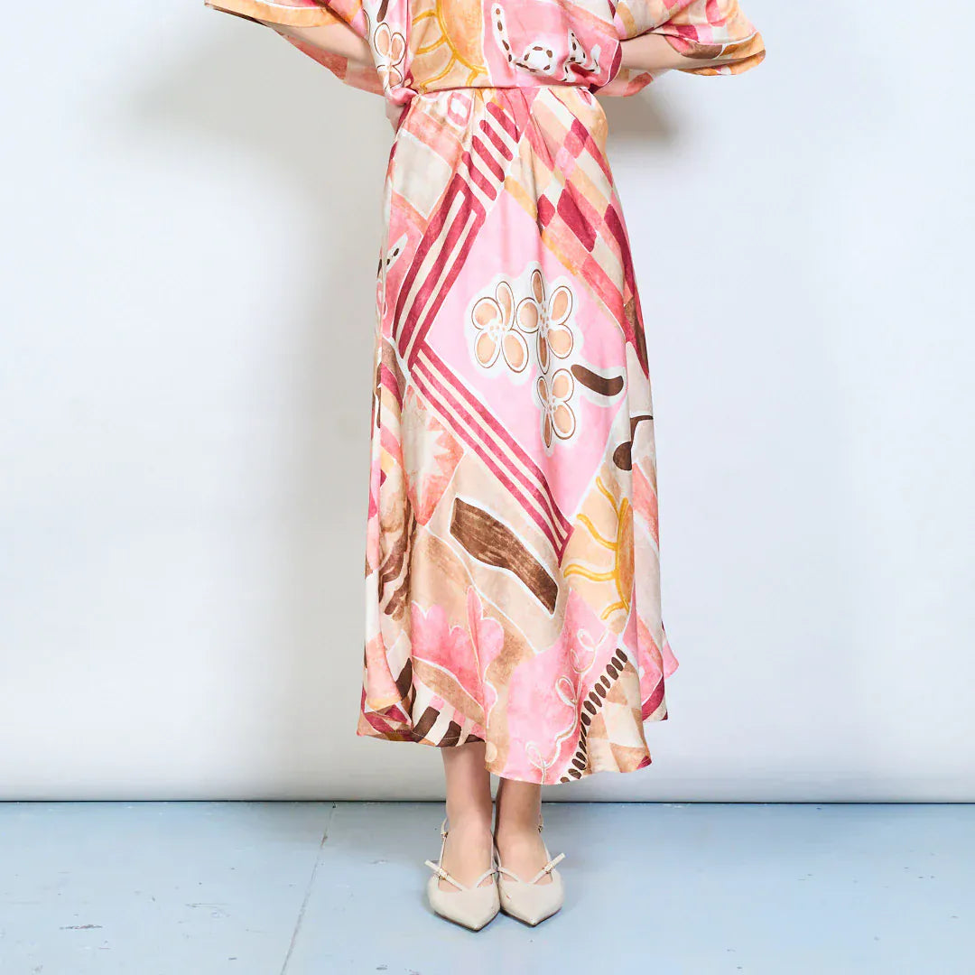 Abstract graphic flow elastic waist midi skirt wholesale - PINK - Pinkhill